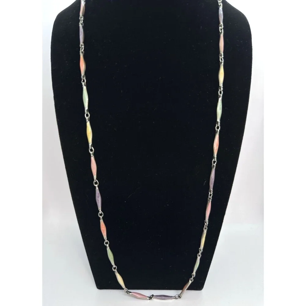 Vintage Pastel Enamel Link Necklace Gold Tone Green Yellow Purple Pink